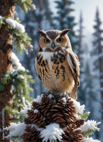 Owl perched on top of a snow-covered pine cone tower, winter wonderland, bare branches