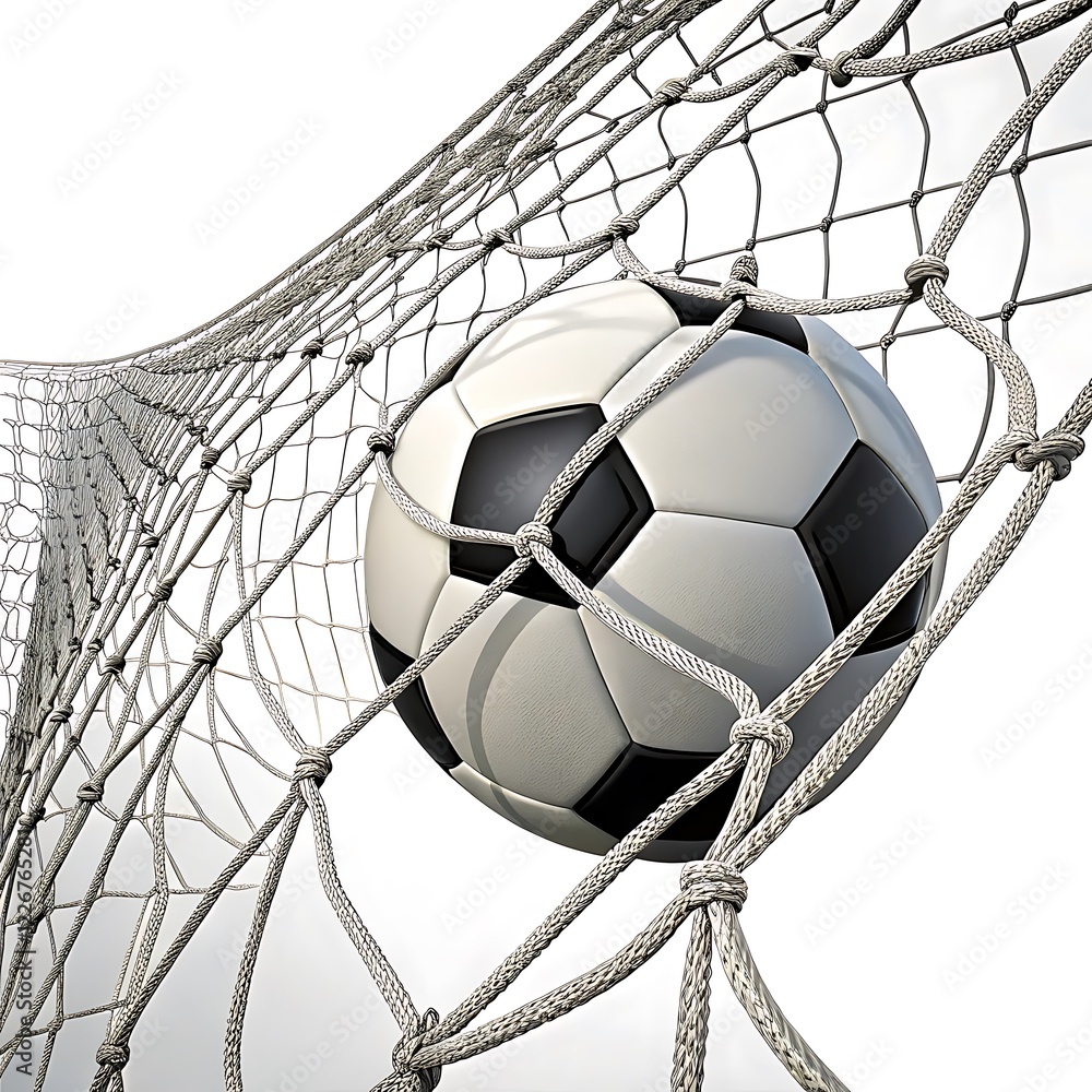 Naklejka premium A soccer ball in a net, close-up