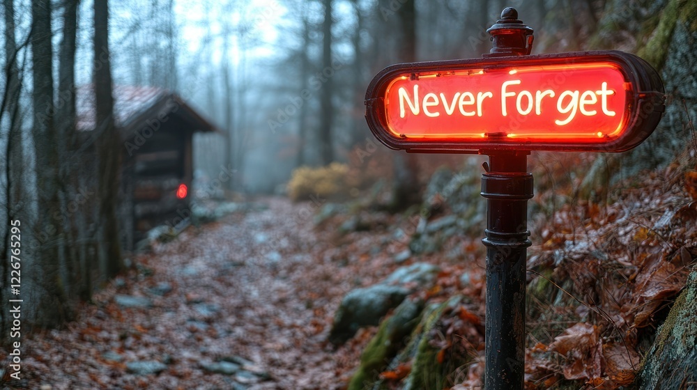Forest path sign Never Forget, misty woods, remembrance Forest path sign Never Forget, misty woods, remembrance