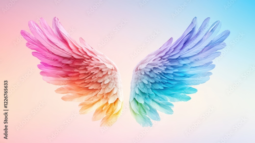 Obraz premium Wing Rainbow Pair of wings made of rainbow colors, bright sky background, symbolizes hope and dreams