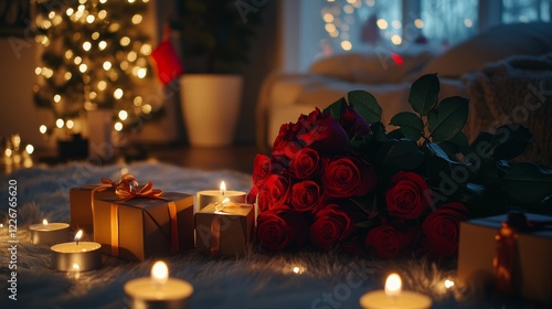 gift boxes with a bouquet of roses and candles  in the bedroom  photo