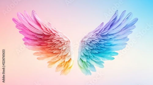 Wing Rainbow Pair of wings made of rainbow colors, bright sky background, symbolizes hope and dreams photo