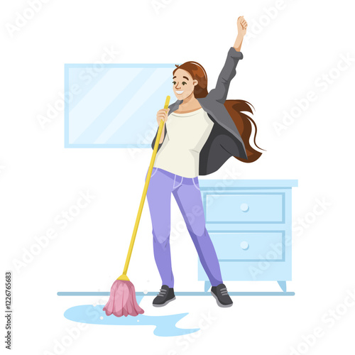 Woman cleaning with a mop, raising arm in excitement, casual outfit, bright interior, concept of cleaning and positivity. Vector illustration