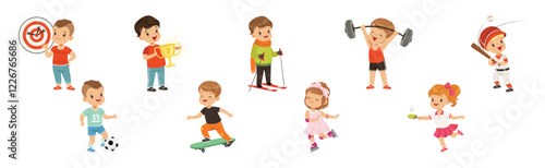 Happy Children Playing Sport and Doing Physical Activity Vector Set