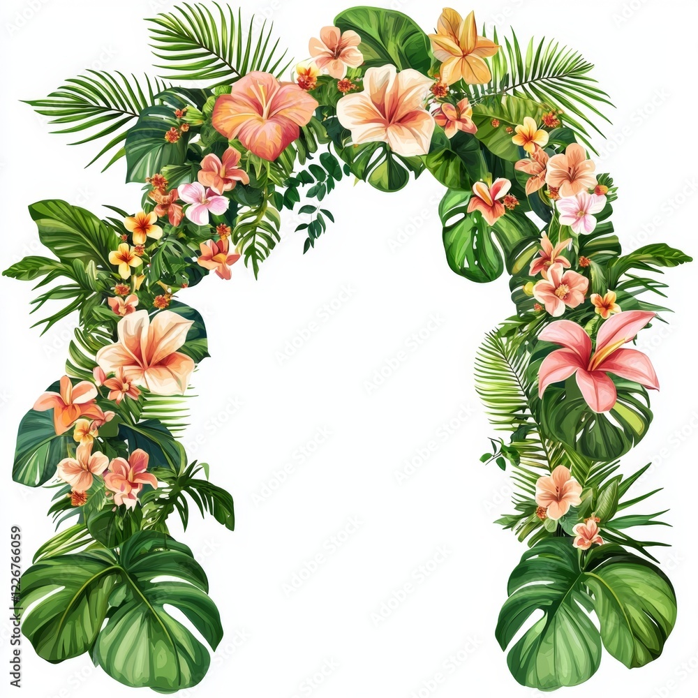 Vibrant Floral Arch with Mixed Tropical Flowers and Lush Greenery for Decorative Purposes Vibrant Floral Arch with Mixed Tropical Flowers and Lush Greenery for Decorative Purposes