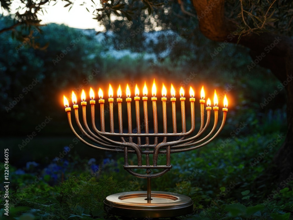 Fototapeta premium Traditional Jewish menorah lit up during the Hanukkah holiday. The golden candelabra glows with white, lit candles against a dim background.