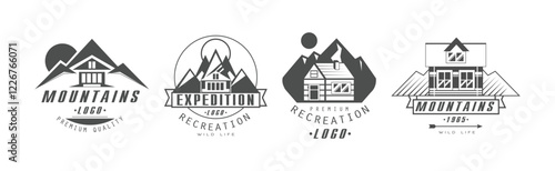 Mountain Trekking and Camping Logo and Label Design Vector Set