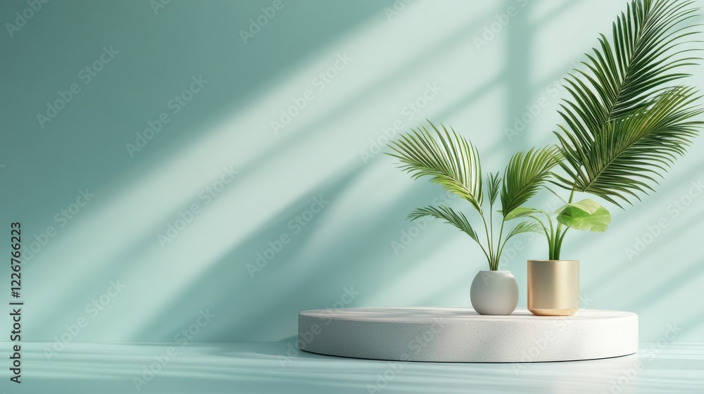 Obraz premium Bright Mint Green Background with Gentle Gradient Featuring Stylish Plant Pots
