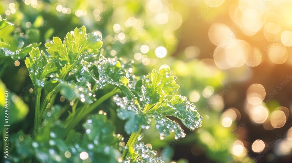 Dewy parsley leaves in sunlight. Dewy parsley leaves in sunlight.