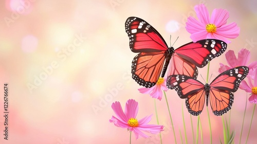 Vibrant Monarch Butterflies Resting on Pink Cosmos Flowers with Soft Blurred Background in a Nature Scene