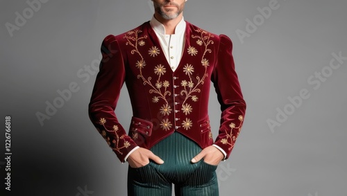A modern man wearing a Renaissance inspired doublet and hose. Modern Renaissance Fashion Portrait: Handsome Male Model in Luxury Velvet Doublet with Gold Embroidery and Emerald Trousers. 6