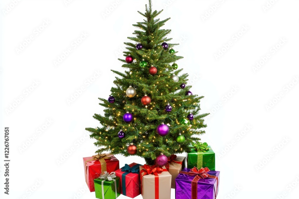 Christmas Tree and Gifts: A decorated Christmas tree with colorful ornaments, lights, and wrapped presents underneath, capturing holiday spirit. Christmas Tree and Gifts: A decorated Christmas tree with colorful ornaments, lights, and wrapped presents underneath, capturing holiday spirit.