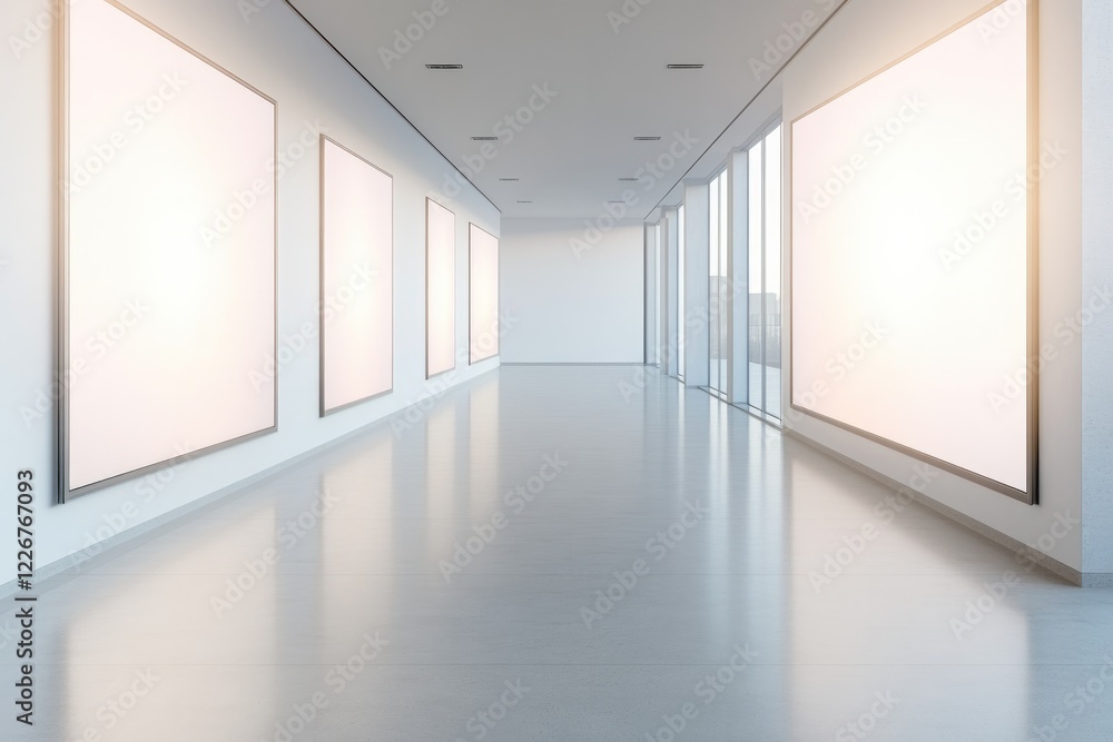 Obraz premium Bright, minimalistic gallery space showcasing empty frames, invi