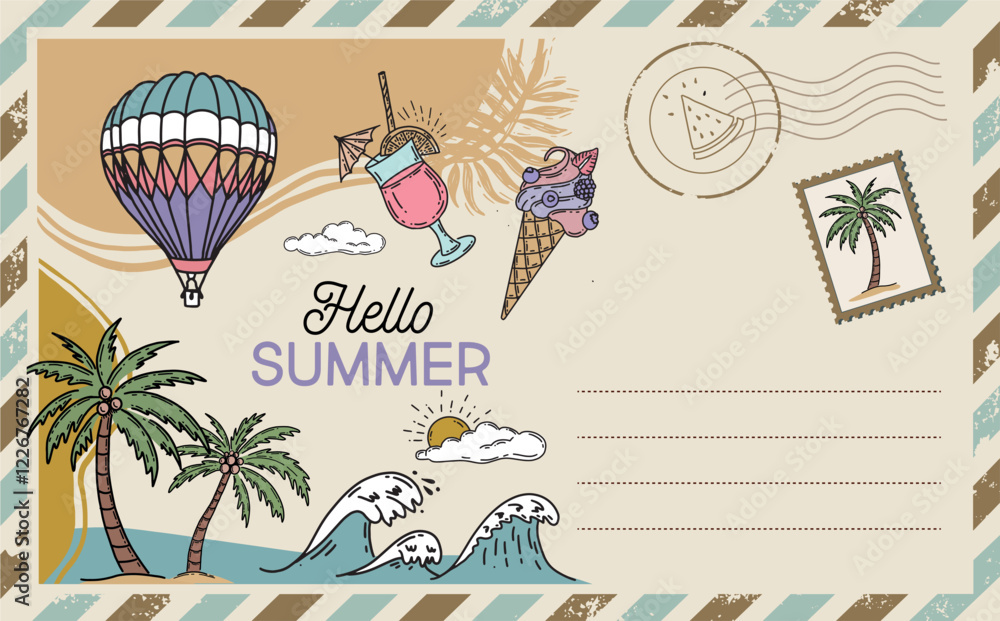 Obraz premium Postcard, mail, Hello summer, hand drawn. 