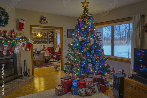 Christmas Tree and Gifts: A decorated Christmas tree with colorful ornaments, lights, and wrapped presents underneath, capturing holiday spirit.