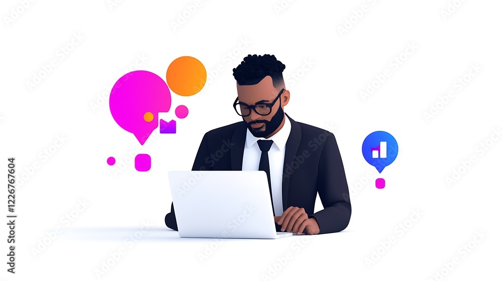 Focused businessman working on laptop, data visualization. Focused businessman working on laptop, data visualization.