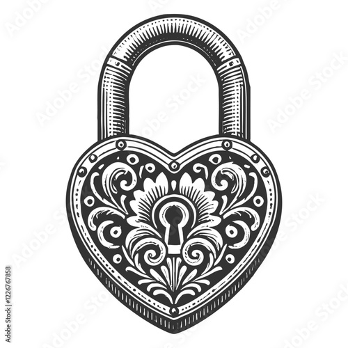 heart-shaped padlock with decorative floral patterns, symbolizing love, security, and elegance sketch engraving generative ai vector illustration. Scratch board imitation. Black and white image.
