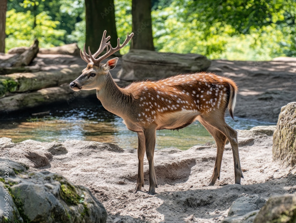 Spotted Deer in Forest Stroll near a Small Pond on a Sunny Day with Bright Light Spotted Deer in Forest Stroll near a Small Pond on a Sunny Day with Bright Light