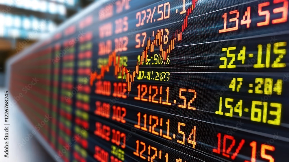 A digital display showing stock market data with fluctuating numbers and a rising graph trend, indicating market performance. A digital display showing stock market data with fluctuating numbers and a rising graph trend, indicating market performance.