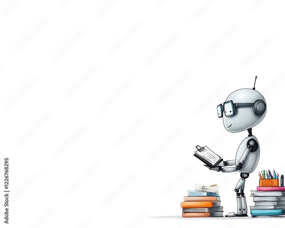 Cute Robot Reading Among Stacked Books and Notebooks Cute Robot Reading Among Stacked Books and Notebooks