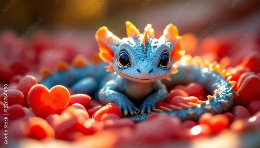 Adorable Baby Dragon Amidst Heart-Shaped Candies: A Whimsical Fantasy Illustration Adorable Baby Dragon Amidst Heart-Shaped Candies: A Whimsical Fantasy Illustration