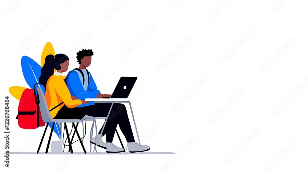 Two students sitting at a table, using a laptop together. Two students sitting at a table, using a laptop together.