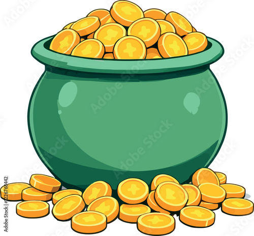 Green pot overflowing with gold coins representing wealth and abundance
