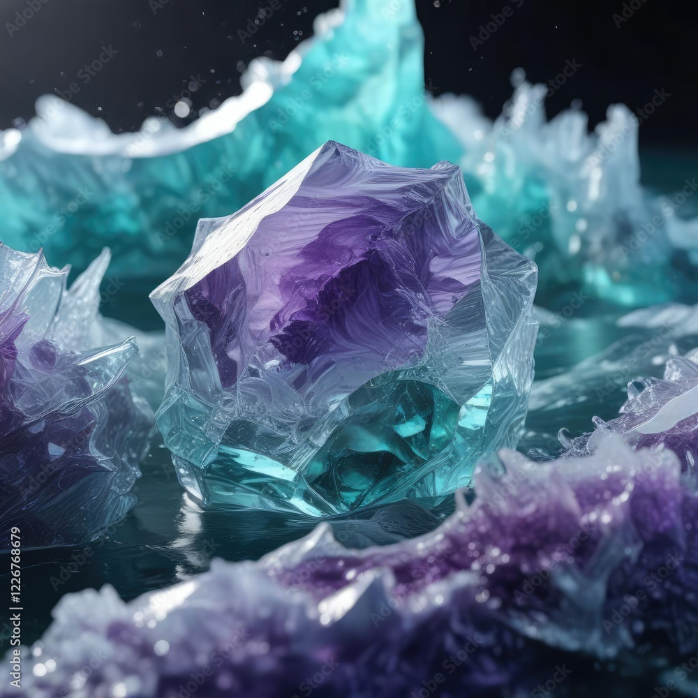 Obraz premium Icy blue water with swirling purple and green hues inside the ice crystal, translucent, icy, green