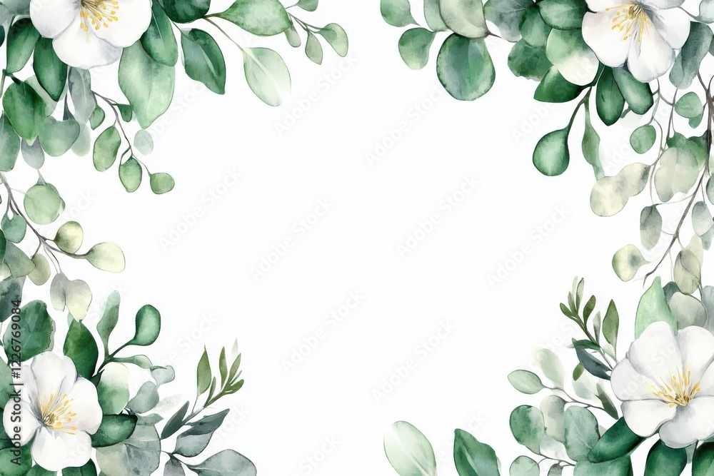Fototapeta premium Floral border featuring exquisite watercolor greenery with white flowers and eucalyptus leaves, perfect for wedding invitations and elegant stationery designs