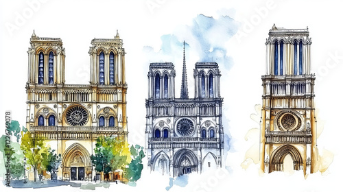 France landmarks and famous historic architecture buildings. Vector thin line facades of Saint Germain church, Saint Ives and Sever basilica, Notre Dame cathedral and city tower of Rennes photo