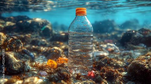 A plastic bottle with an orange cap lying on the ocean floor among rocks and algae. The problem of ocean pollution by plastic waste.
