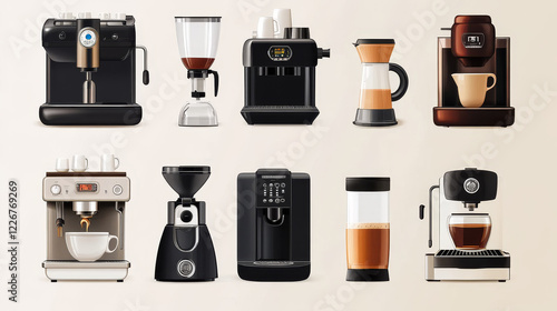 Coffee maker and machine vector icons set. Cartoon coffee pot and espresso machine with cup and mug, french press, drip, pour over and turkish cezve, aeropress, moka pot and single serve machine photo