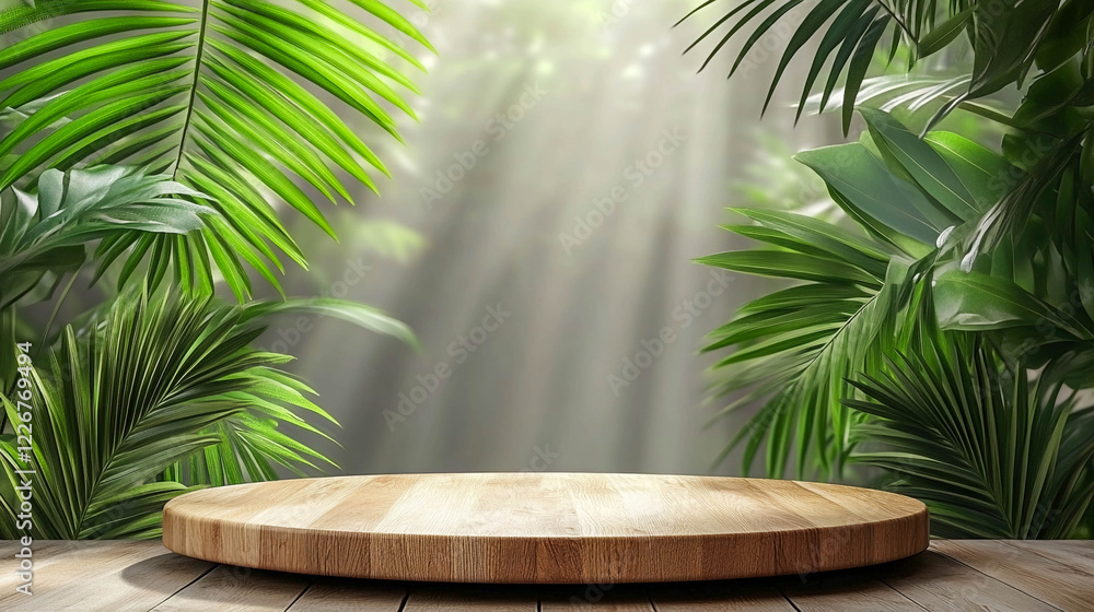 Round wooden stand against a background of dense tropical vegetation. Product demonstration. Round wooden stand against a background of dense tropical vegetation. Product demonstration.