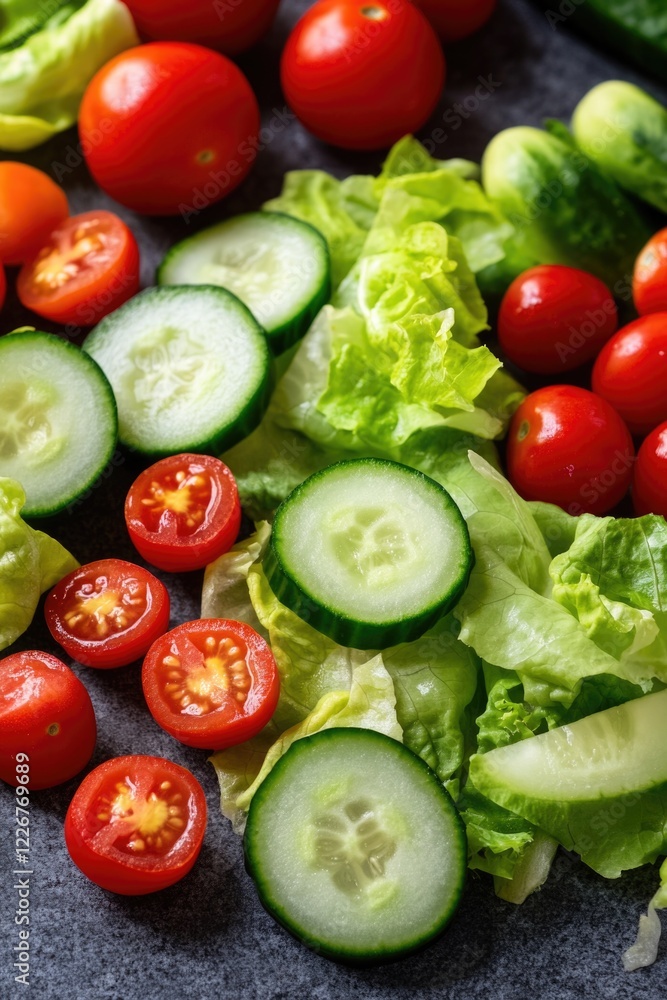 Variety of raw vegetables including cucumbers, tomatoes and lettuce. Used in making a garden salad. Variety of raw vegetables including cucumbers, tomatoes and lettuce. Used in making a garden salad.