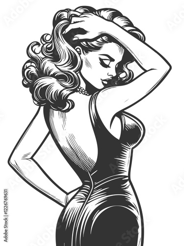 pin-up woman in a form-fitting dress, posing, vintage fashion sketch engraving generative ai fictional character vector illustration. Scratch board imitation. Black and white image.