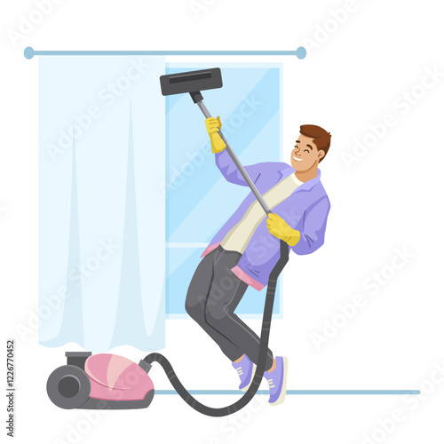 Cheerful man in casual clothes using a vacuum cleaner, pretending to dance in front of a window. Housework concept. Vector illustration