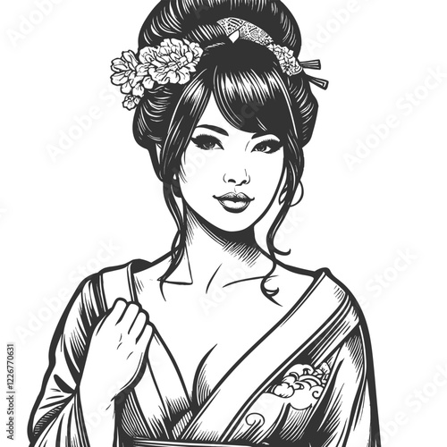 geisha in a floral-patterned kimono, asian woman sketch engraving generative ai fictional character vector illustration. Scratch board imitation. Black and white image.