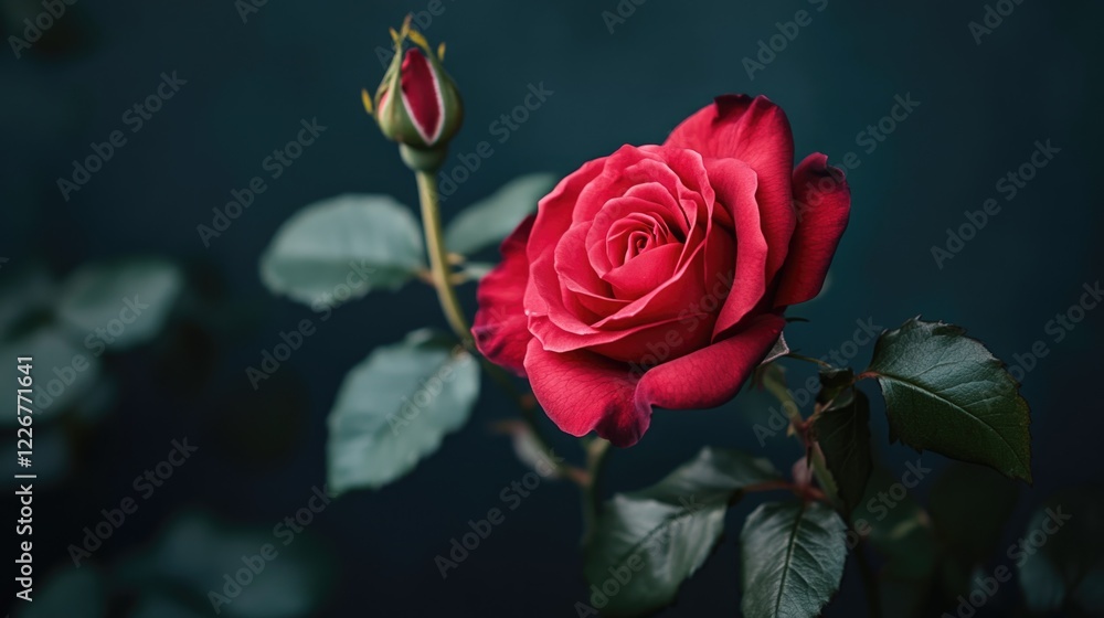 A single red rose grows among lush green leaves on a dark background, ideal for use in romantic or botanical themed projects A single red rose grows among lush green leaves on a dark background, ideal for use in romantic or botanical themed projects