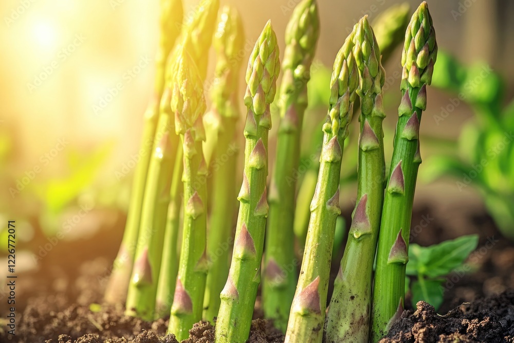 Obraz premium Bunch of asparagus planted in soil with sunlight, representing a healthy and natural food source.