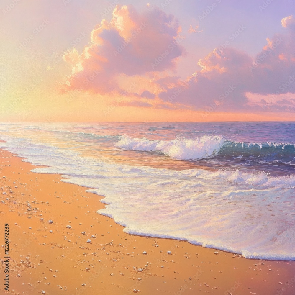 Fototapeta premium Sunset at the beach with gentle waves and colorful clouds reflecting on the water