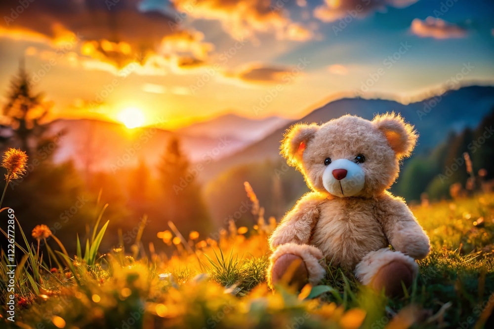 Fototapeta premium Fluffy Stuffed Animal Landscape Photography, Cozy Outdoor Scene, Playful Toy