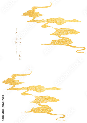 Gold brush stroke texture with Japanese chinses cloud pattern in vintage style. Abstract art landscape banner design with watercolor texture vector.