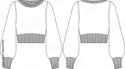 ribbed round neck hem cuff long sleeve balloon sleeve cropped crop slouchy loose knitted sweater pullover jumper template technical drawing flat sketch cad mockup fashion woman design style model 
