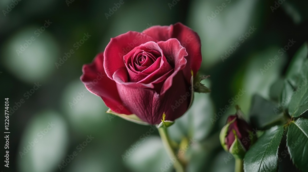 A close-up of a red rose with green leaves in the background, great for use in designs about nature, love, or beauty A close-up of a red rose with green leaves in the background, great for use in designs about nature, love, or beauty