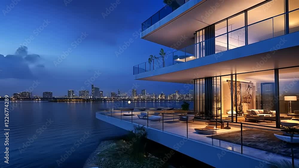Modern waterfront luxury residence at dusk with city skyline and serene water reflections Modern waterfront luxury residence at dusk with city skyline and serene water reflections