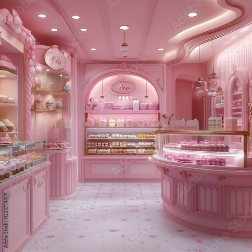 3D rendering of a sweet shop with pastel pink color.