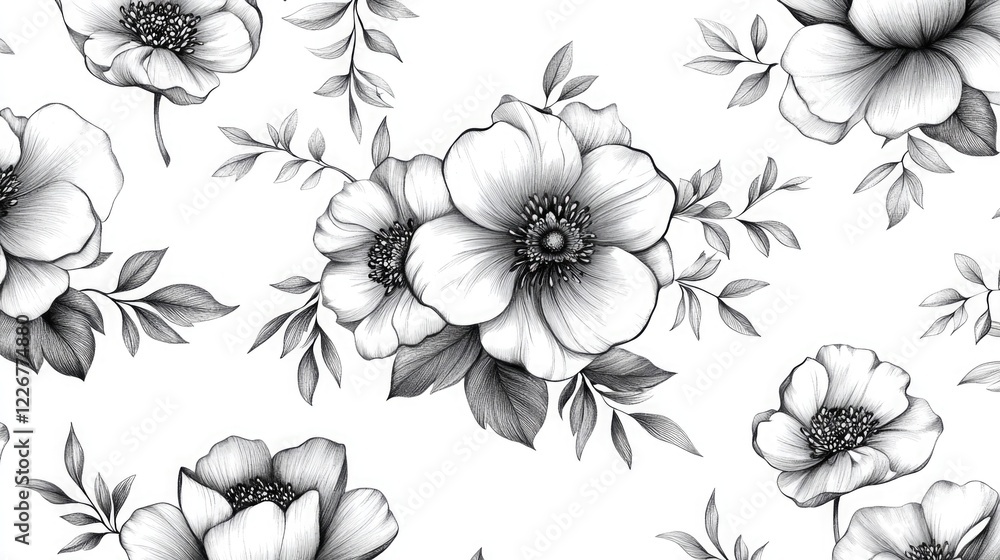 Black Line Flower Pattern: Pattern of black line flowers on white background, roses illustration in black and white. Black Line Flower Pattern: Pattern of black line flowers on white background, roses illustration in black and white.