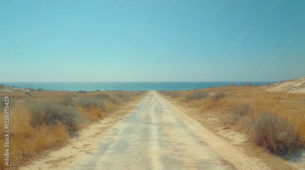 Road leading to ocean under bright sky. Road leading to ocean under bright sky.