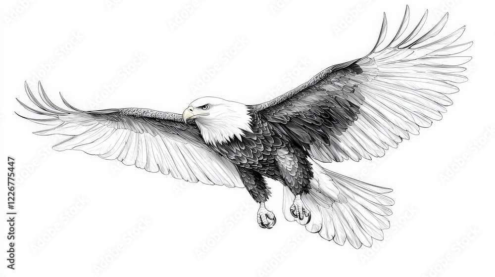 Naklejka premium Majestic Bald Eagle in Flight Captured in Detailed Black and White Artistic Illustration and Design
