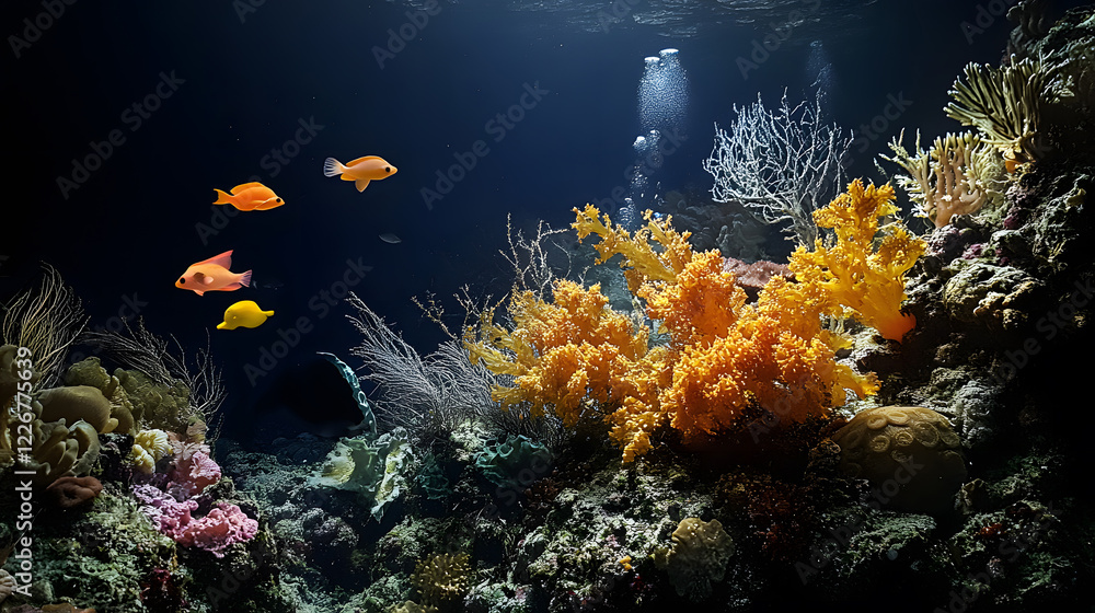 Fototapeta premium Tropical sea underwater fishes on coral reef. Aquarium oceanarium wildlife colorful marine panorama landscape nature snorkel diving